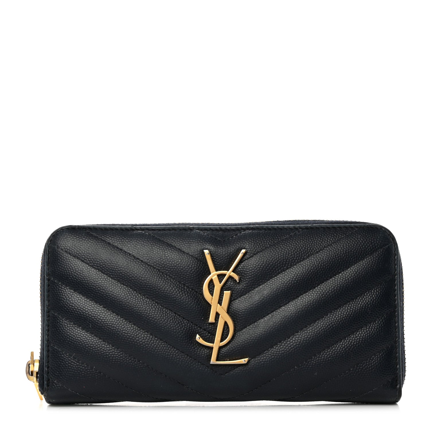 Saint Laurent Grain De Poudre Matelasse Chevron Monogram Zip Around Wallet Navy 1 of 10