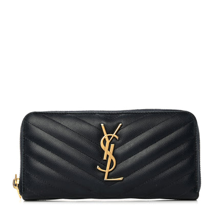 Saint Laurent Grain De Poudre Matelasse Chevron Monogram Zip Around Wallet Navy 1 of 10