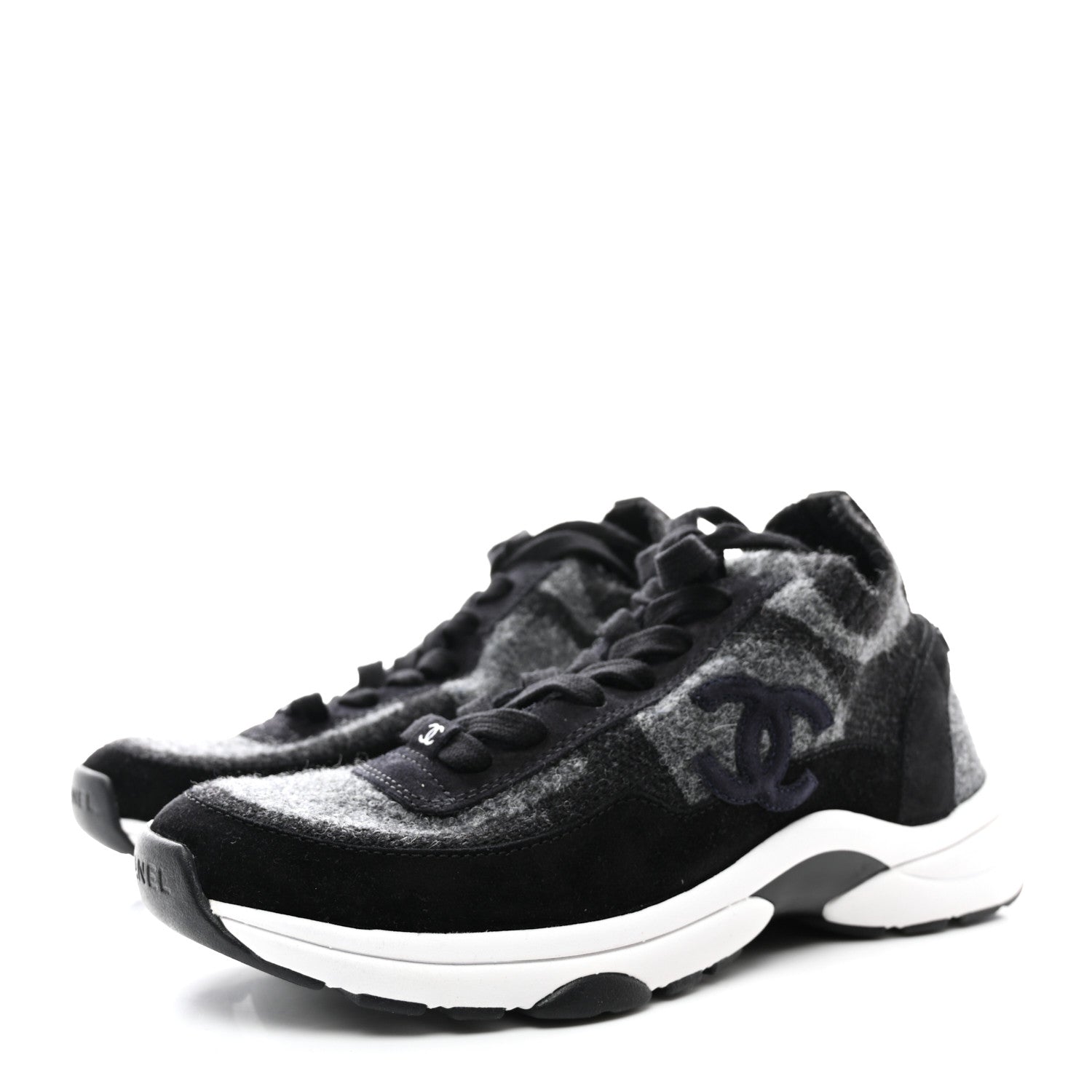 Chanel Knit Fabric Suede Calfskin Womens CC Sneakers 37 Grey Black 3 of 9