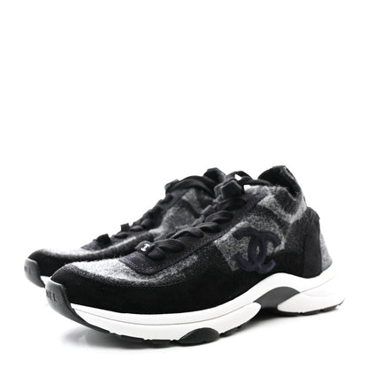 Chanel Knit Fabric Suede Calfskin Womens CC Sneakers 37 Grey Black 3 of 9
