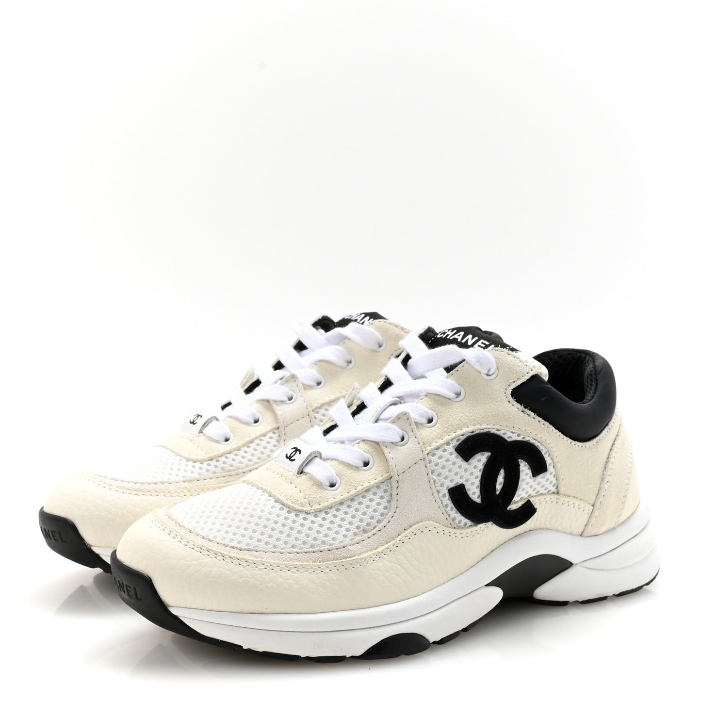 Mesh Suede Calfskin Grained Calfskin Womens CC Sneakers 37.5 White Black