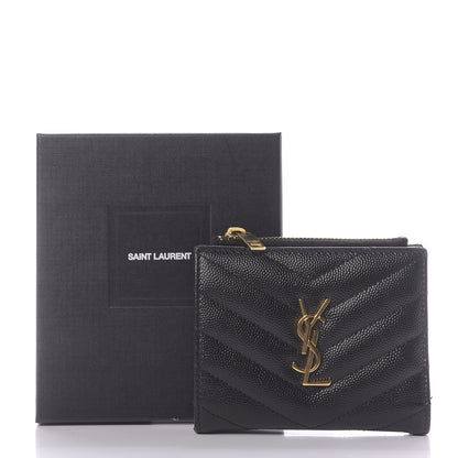 Saint Laurent Grain De Poudre Matelasse Chevron Monogram Zipped Card Case Black 9 of 9