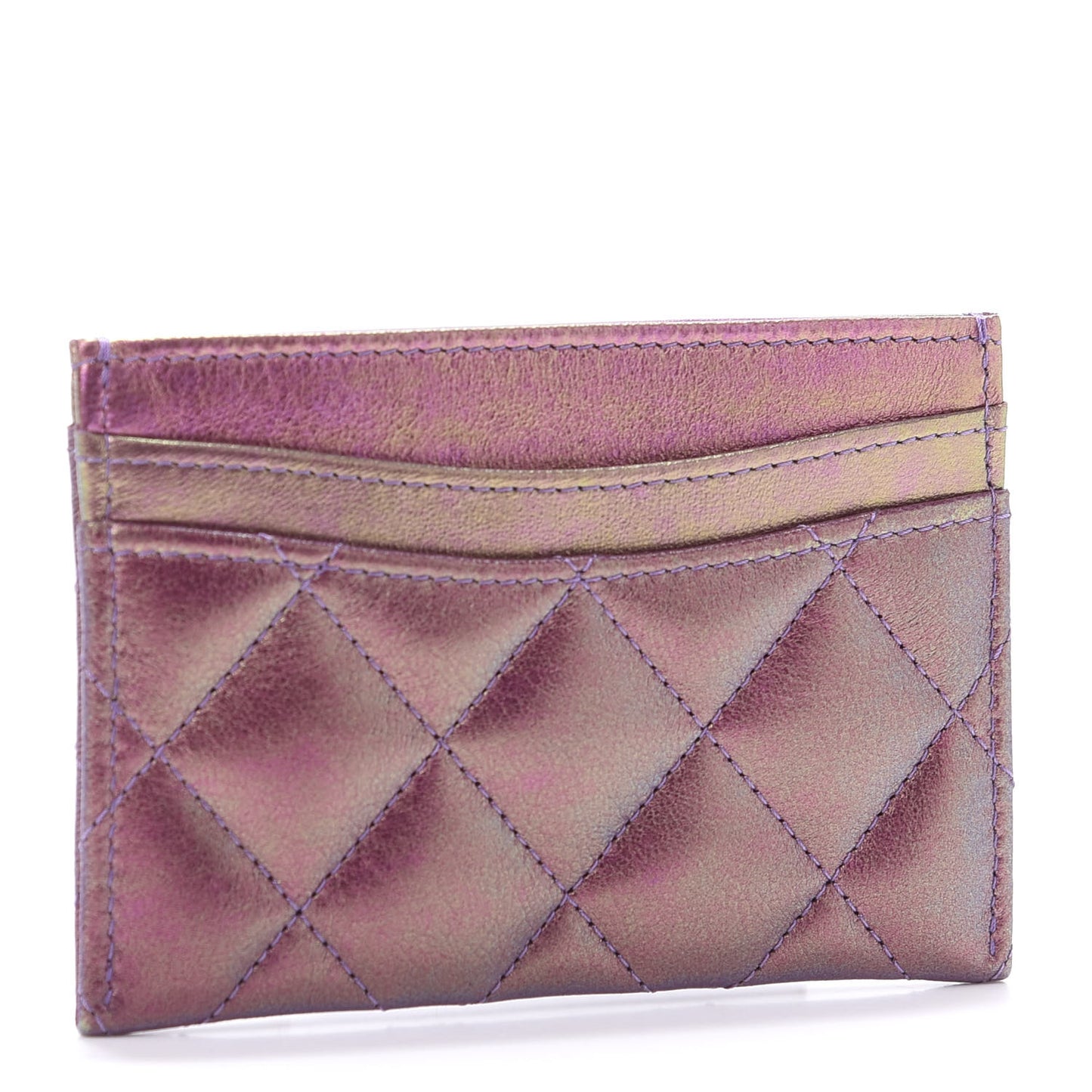 Metallic Lambskin Quilted Card Holder Purple
