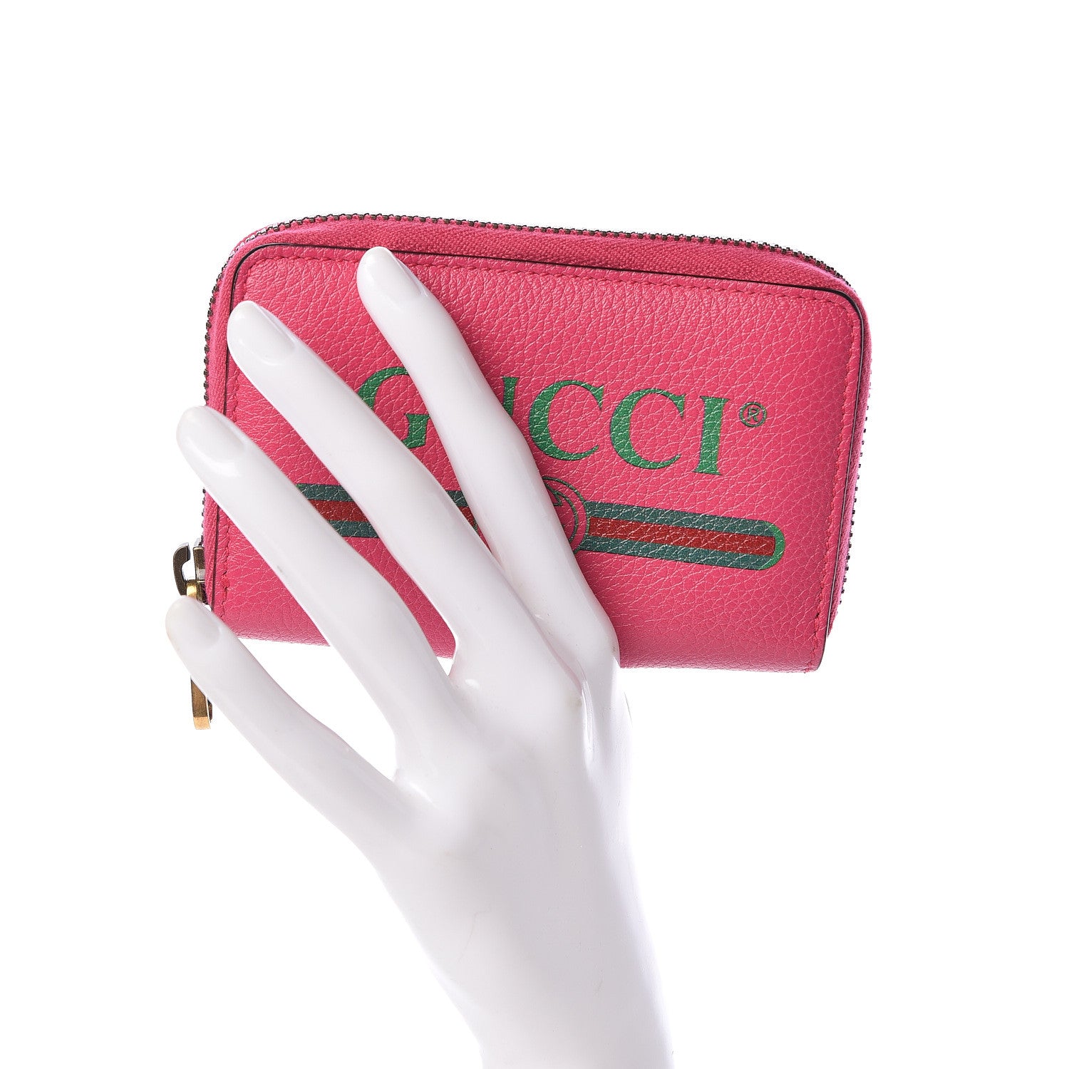 Gucci Grained Calfskin Logo Zip Around Card Case Box Pink Green 2 of 6