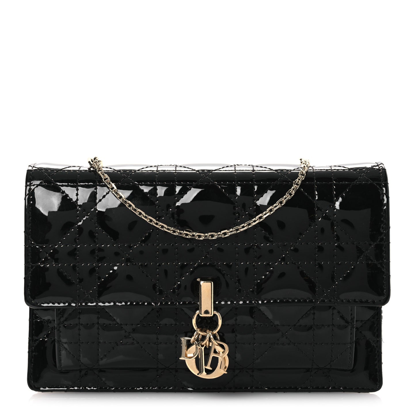 Patent Cannage Lady Dior Chain Pouch Black