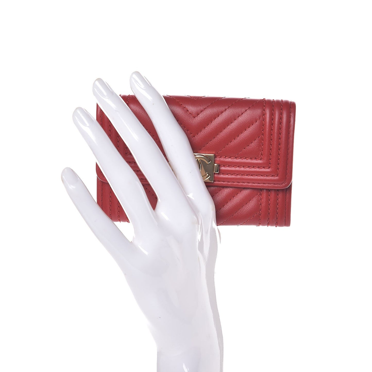 Calfskin Chevron Quilted Boy Card Holder Wallet Red