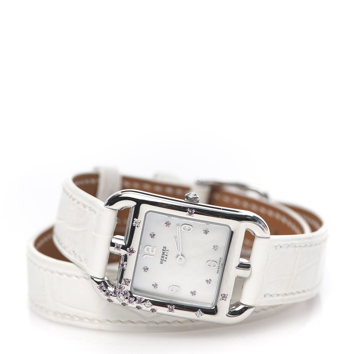 Stainless Steel Alligator Diamond Pink Sapphire 23mm Cape Cod Double Tour Quartz Watch Blanc