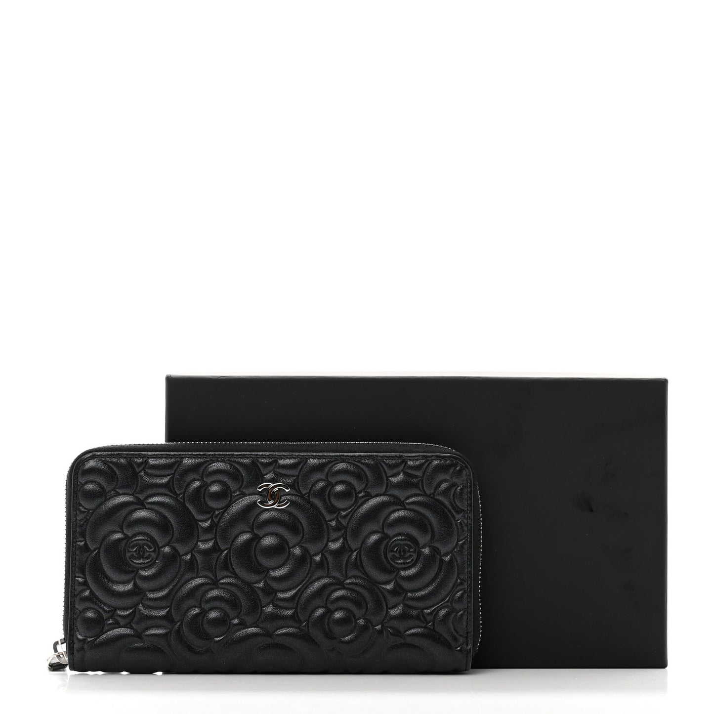 Iridescent Lambskin Camellia Embossed Large Zip Around Gusset Wallet Black