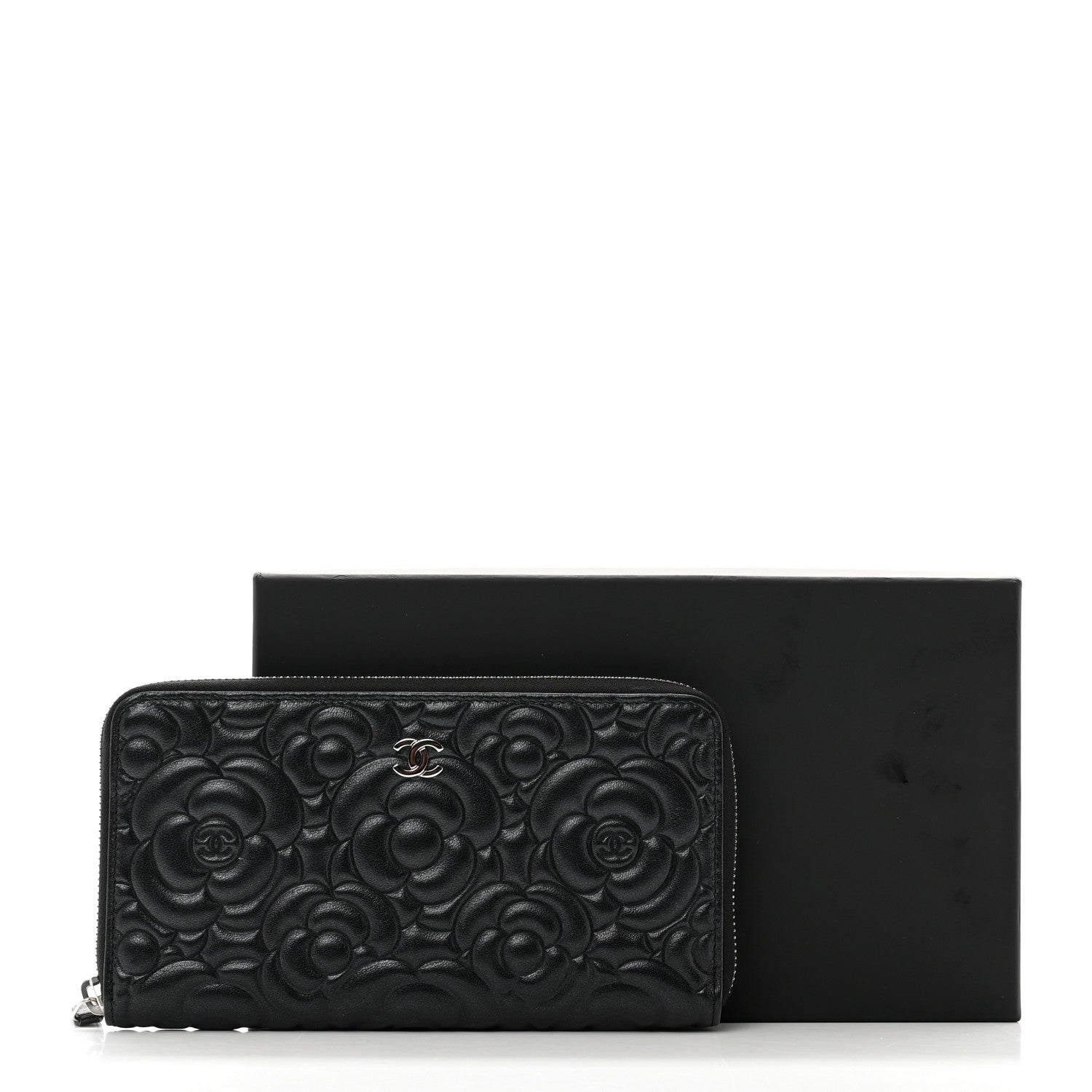 Chanel Iridescent Lambskin Camellia Embossed Large Zip Around Gusset Wallet Black 9 of 9