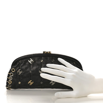 Chanel Calfskin Square Quilted Grommet Embellished Piercing Chic Clutch Black 2 of 9