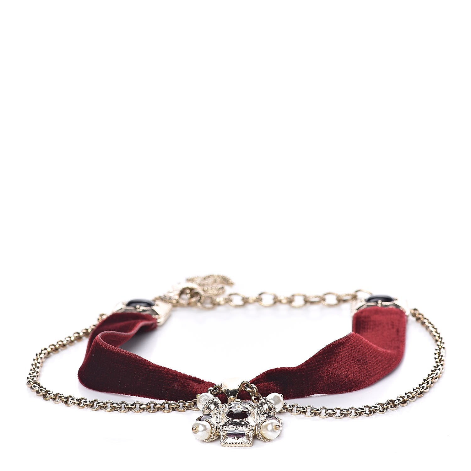 Chanel Velvet Gripoix Crystal CC Choker Necklace Red Gold 1 of 4