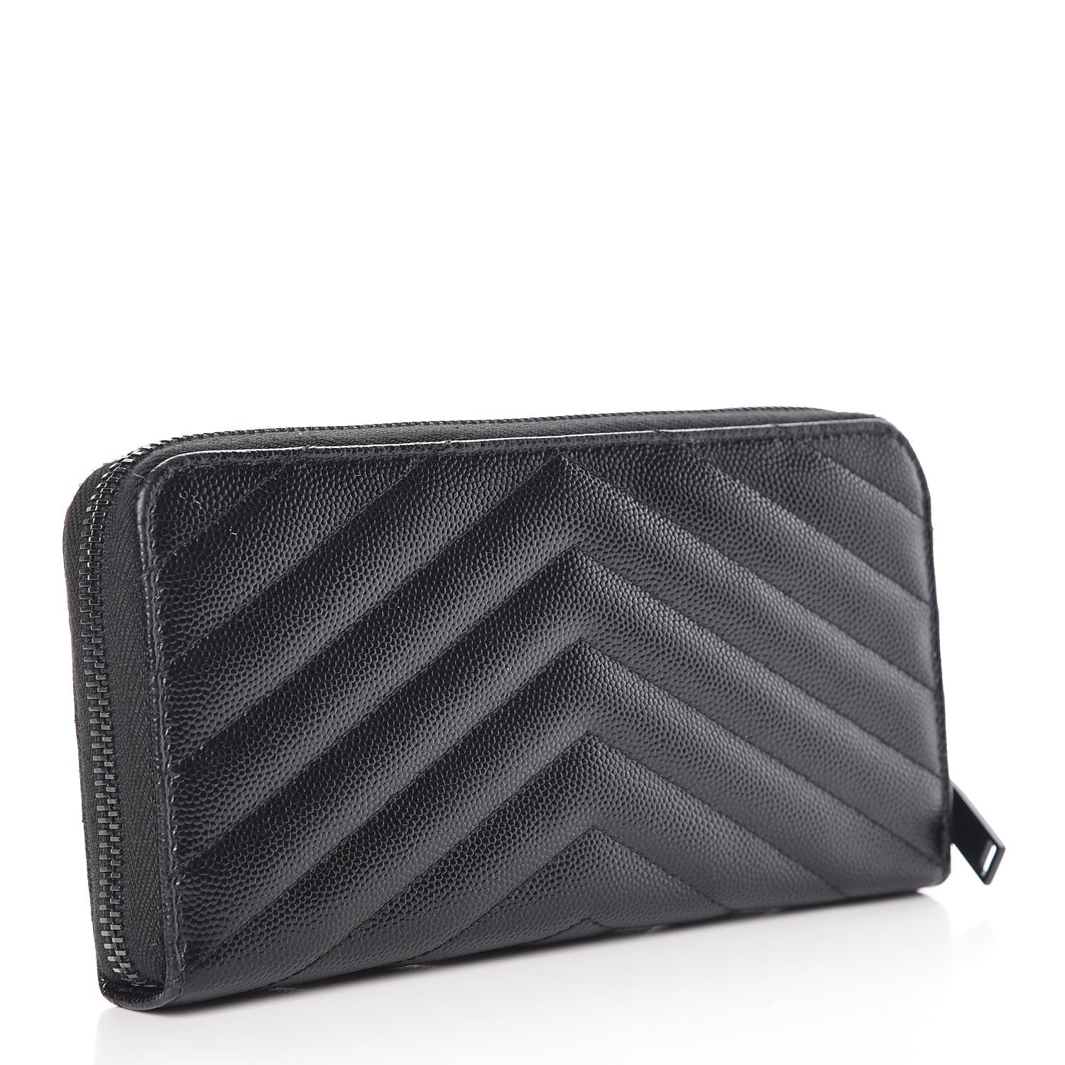 Saint Laurent Grain De Poudre Matelasse Chevron Monogram Zip Around Wallet Black 3 of 11