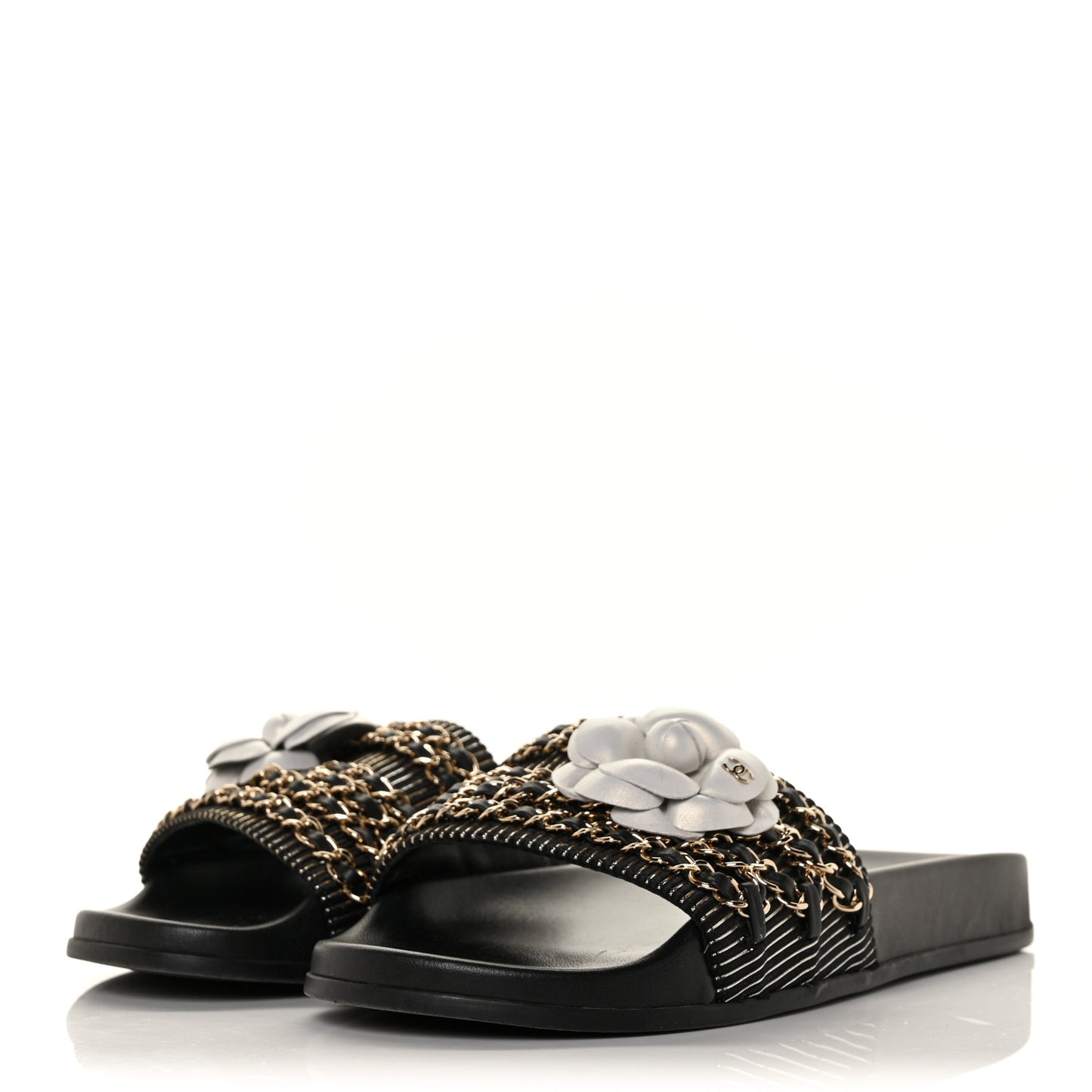 Calfskin Chain Camellia Flat Sandals 39 Black