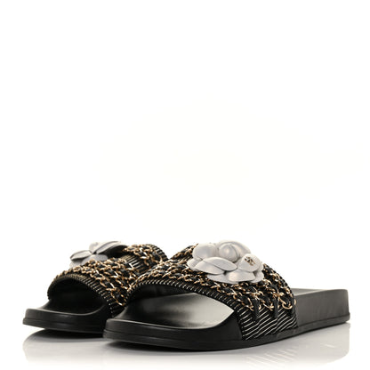 Chanel Calfskin Chain Camellia Flat Sandals 39 Black 3 of 9
