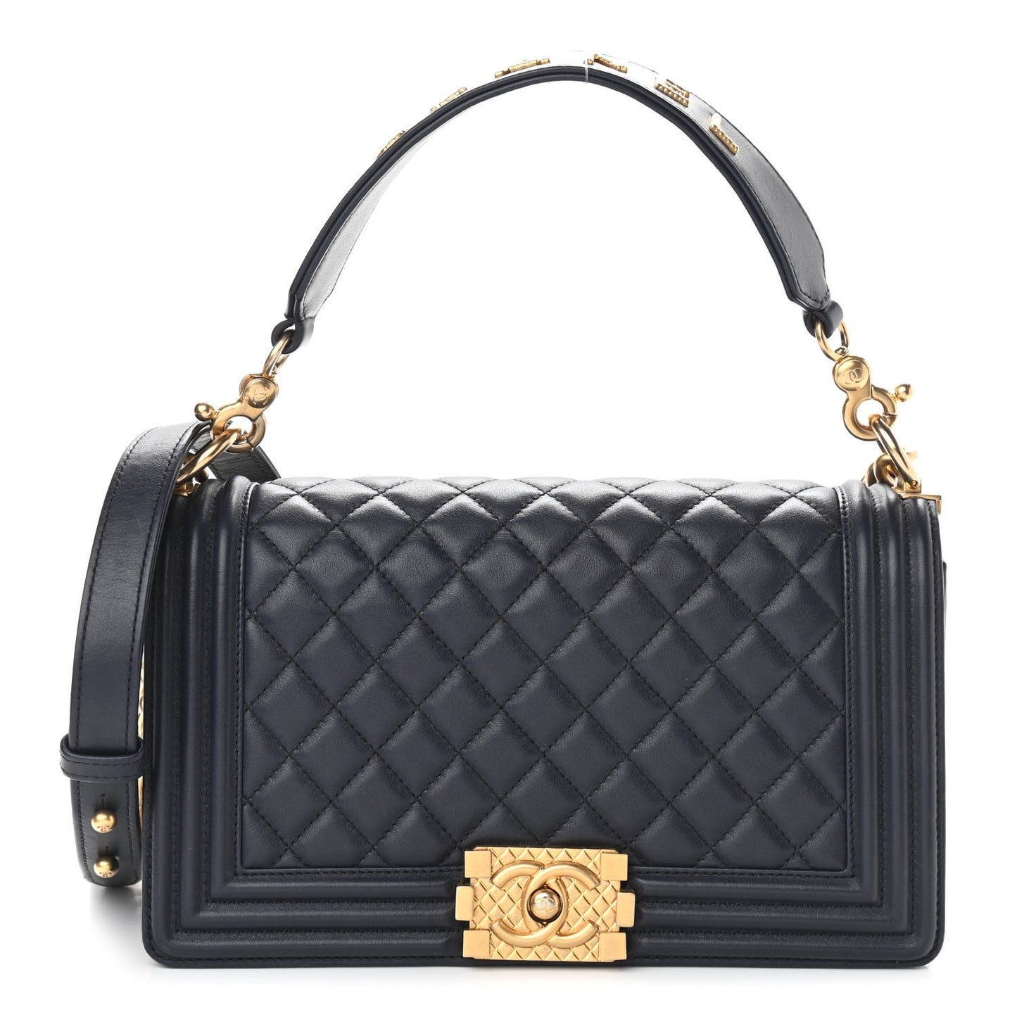 Calfskin Medium Boy Logo Top Handle Flap Navy