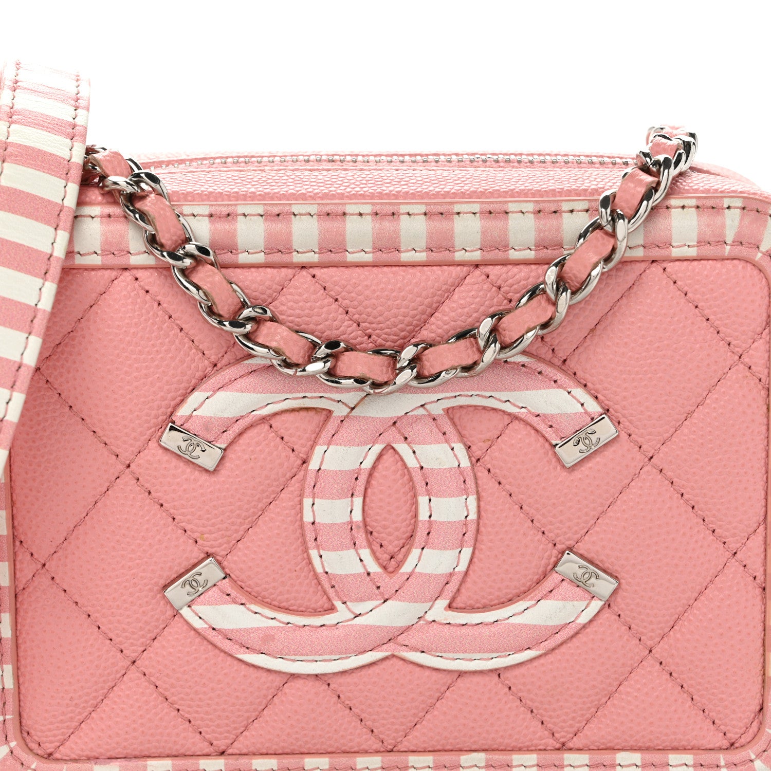 Chanel Caviar Quilted Striped CC Filigree Clutch With Chain Pink White 8 of 10