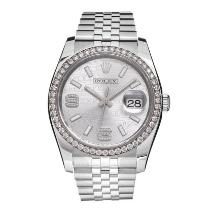 Rolex Stainless Steel 18K White Gold Diamond 36mm Oyster Perpetual Datejust Watch Rhodium Waves 116244 1 of 7