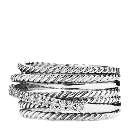 David Yurman Sterling Silver Diamond 11mm Wide Crossover Cable Ring 54 7 3 of 5