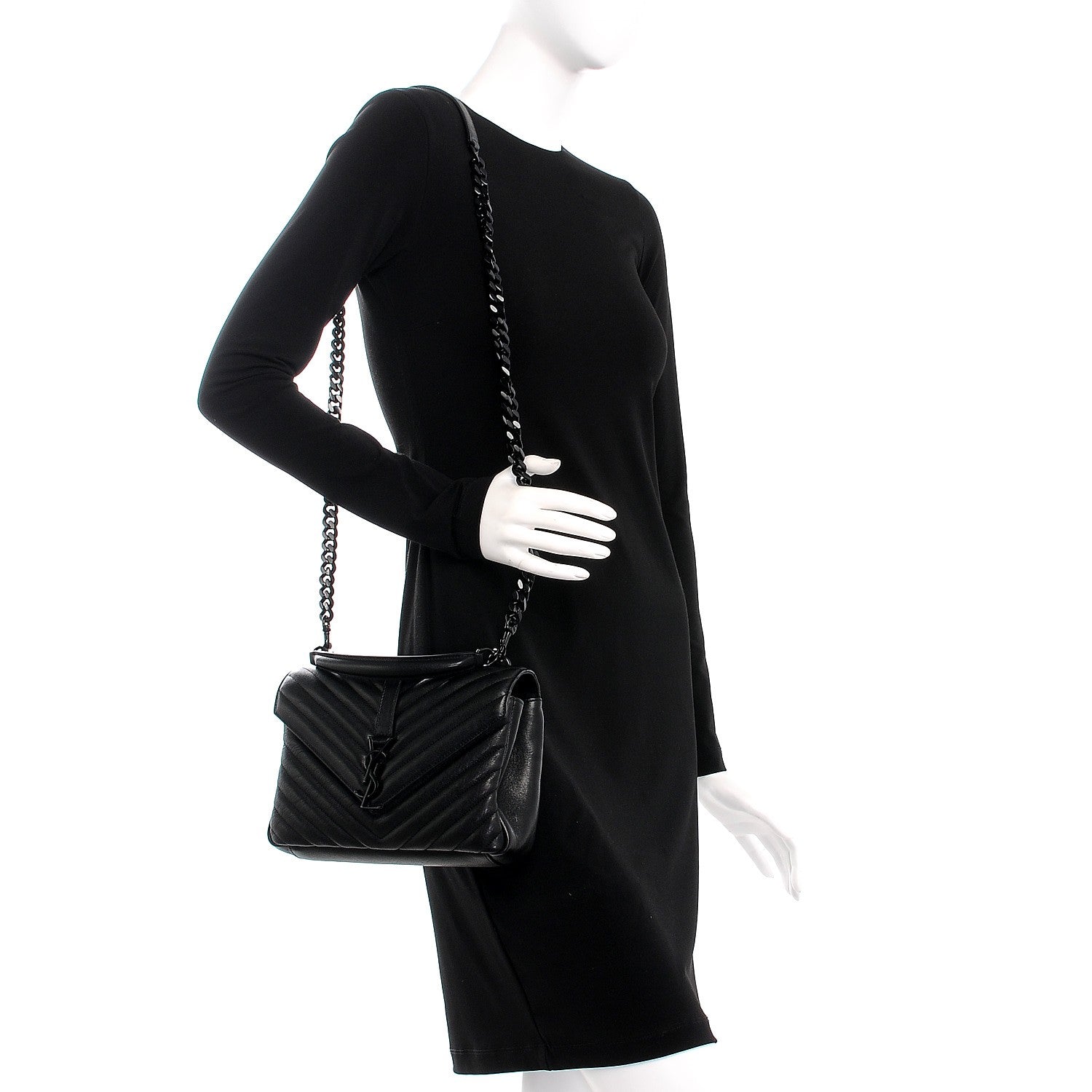 Saint Laurent Sheepskin Matelasse Chevron Monogram Medium College Bag Black 2 of 8