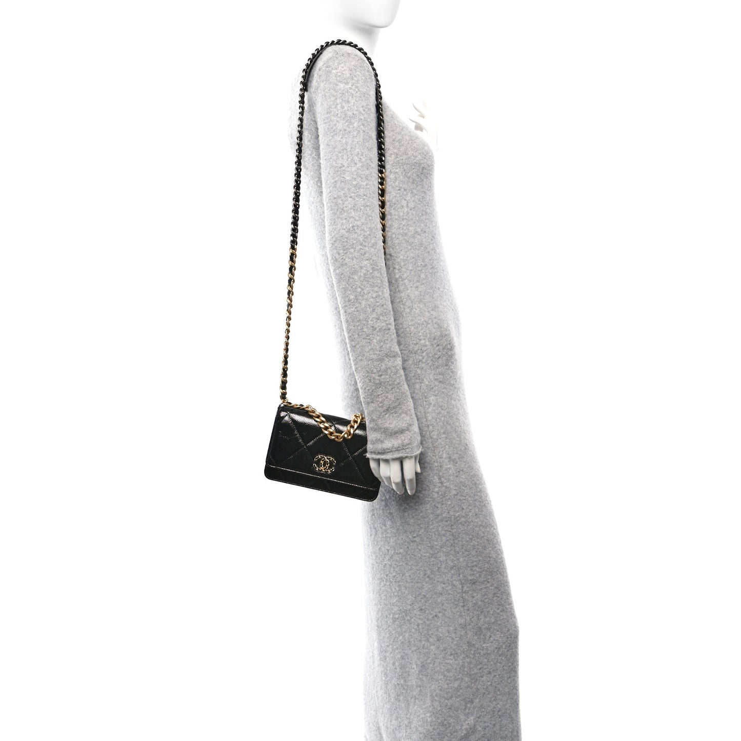 Shiny Crumpled Calfskin Quilted Chanel 19 Wallet On Chain WOC Black