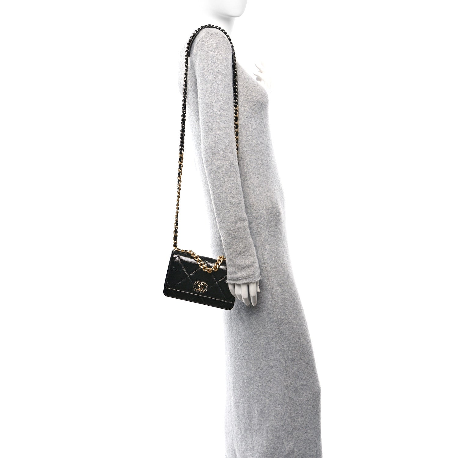Chanel Shiny Crumpled Calfskin Quilted Chanel 19 Wallet On Chain WOC Black 2 of 11