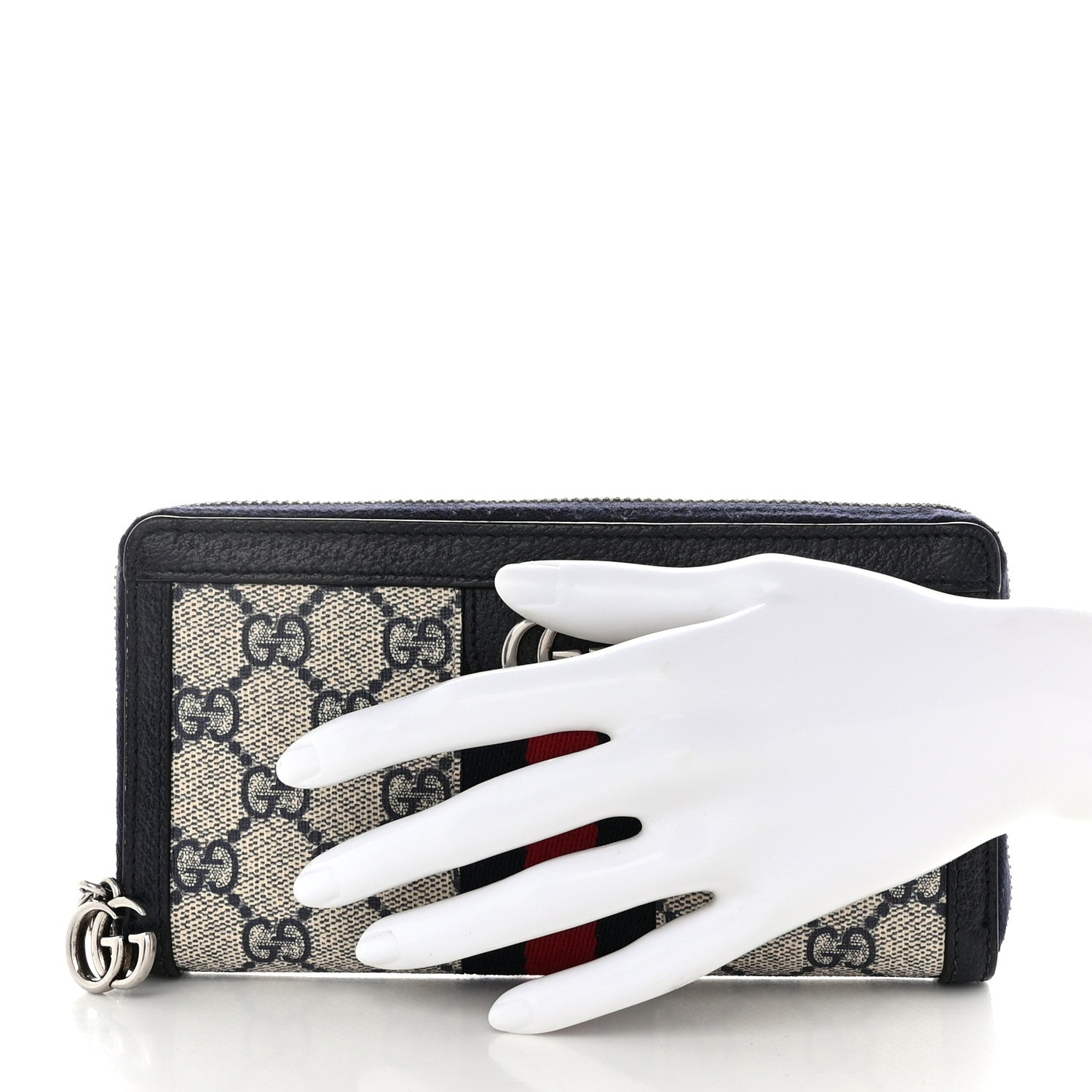 Gucci GG Supreme Monogram Textured Dollar Calfskin Web Ophidia Zip Around Wallet Beige Blue 2 of 10