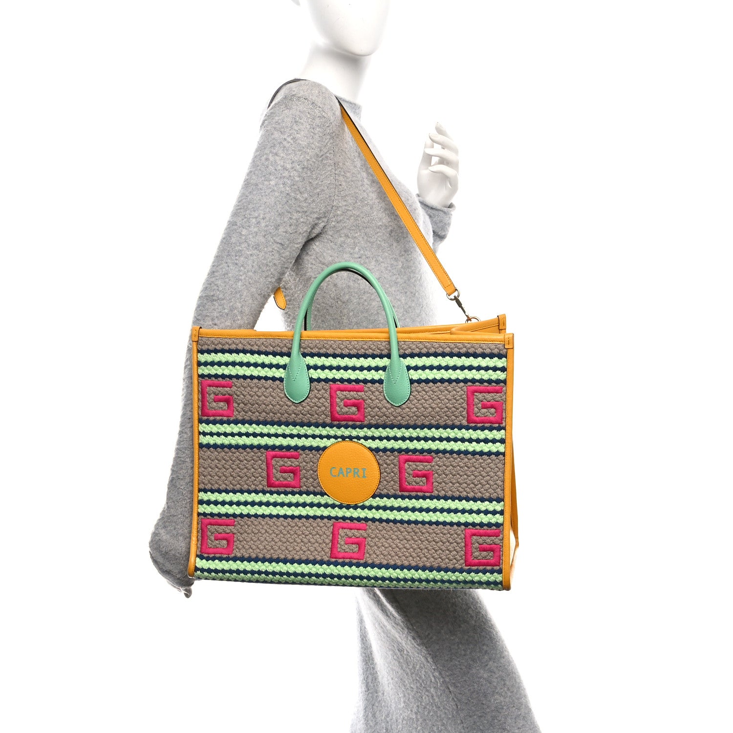 Gucci Fabric Embroidered Capri Striped Tote Bag Yellow 3 of 10