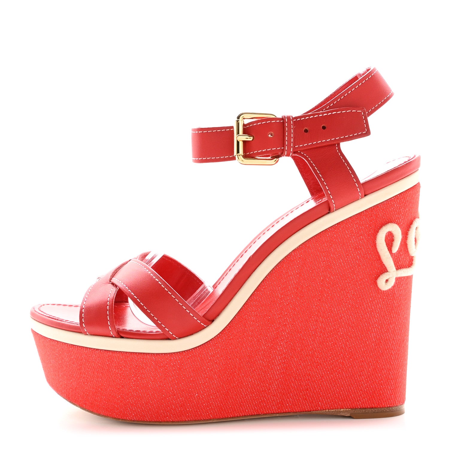Louis Vuitton Canvas Waterfall Wedge Sandals 39 Red 1 of 8