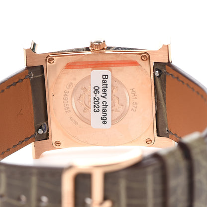 Hermes 18K Rose Gold Alligator Diamond Bezel Mother of Pearl 26mm Heure H Hour Quartz Watch Gris Elephant 4 of 5