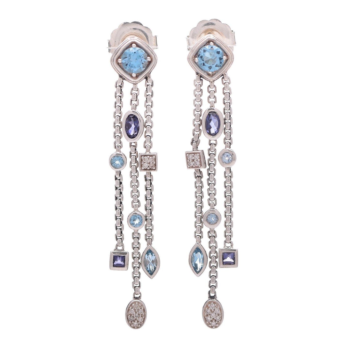 Sterling Silver Diamond Blue Topaz Iolite Confetti 3 Row Tassel Earrings