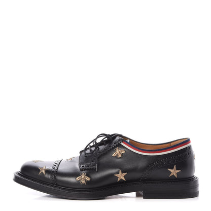 Gucci Calfskin Bee Star Embroidered Mens Captoe Derby Loafers 8 Black 1 of 7