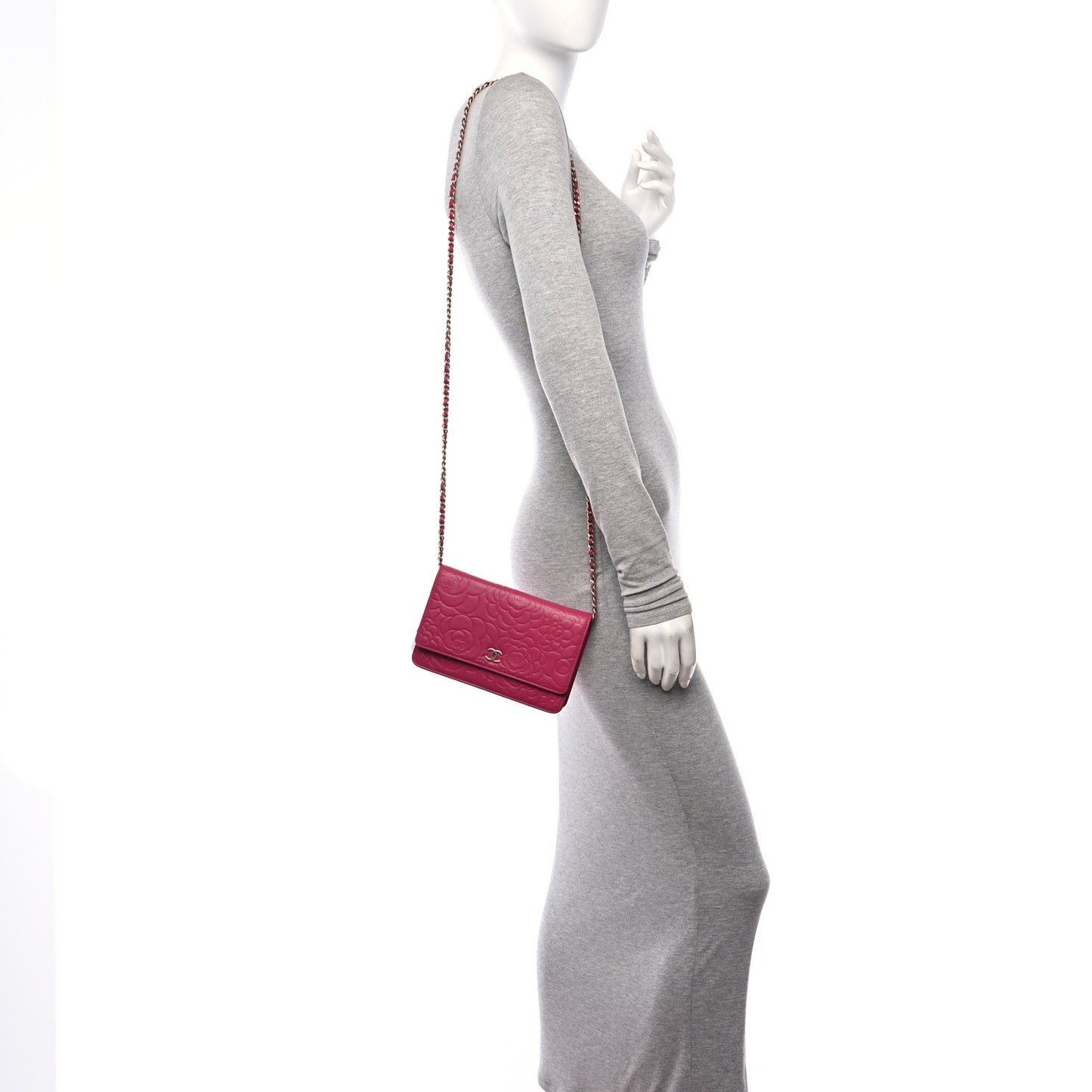 Lambskin Camellia Embossed Wallet on Chain WOC Pink