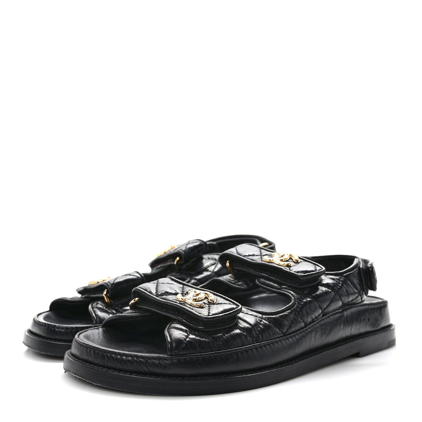 Crumpled Shiny Lambskin Velcro Dad Sandals 38 Black