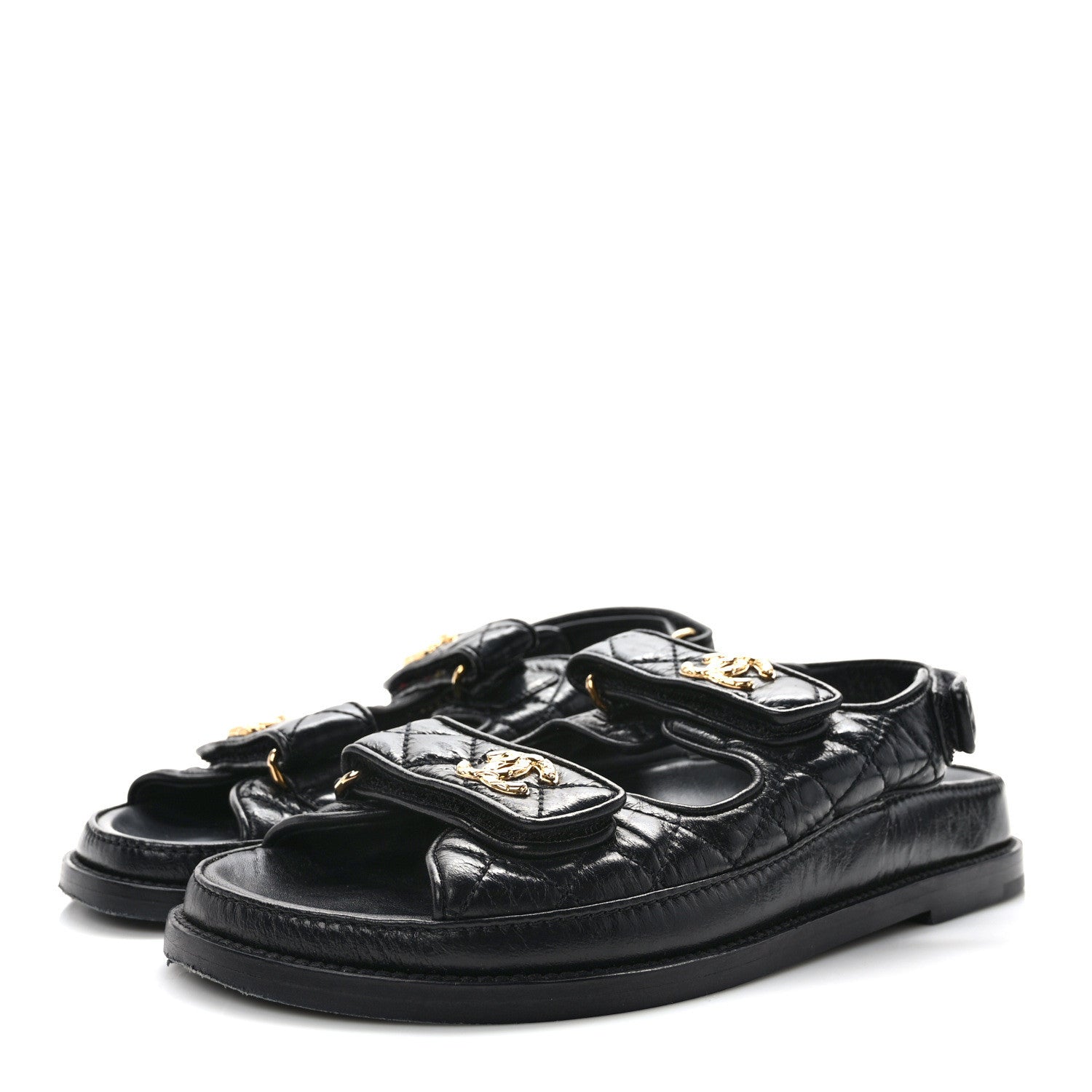 Chanel Crumpled Shiny Lambskin Velcro Dad Sandals 38 Black 3 of 8