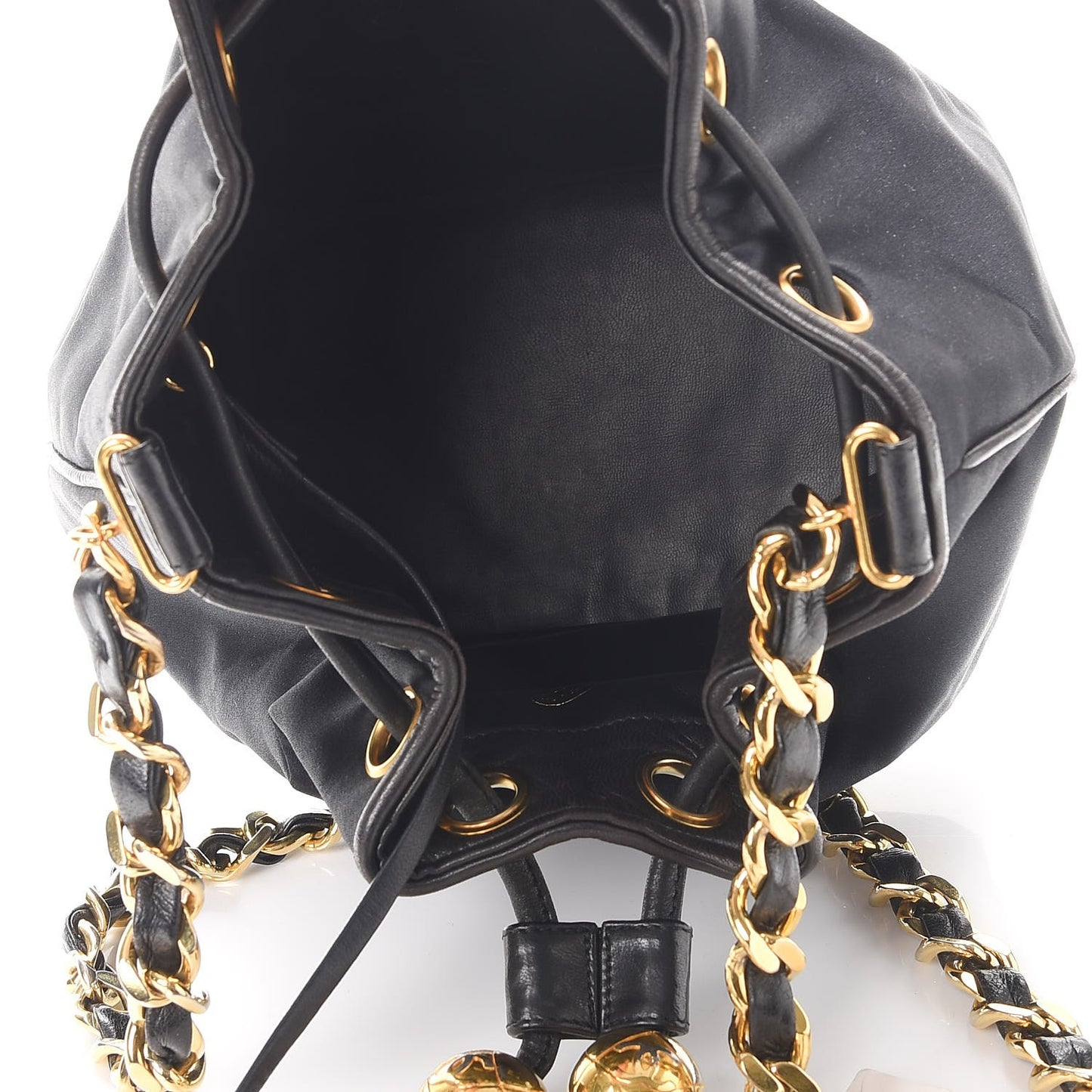 Satin CC Drawstring Bucket Bag Black