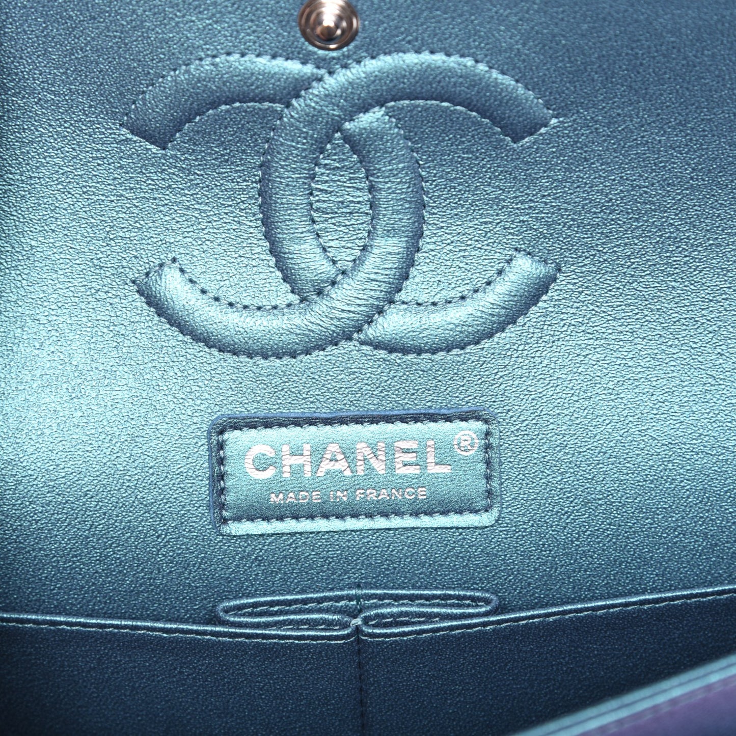 Metallic Lambskin Quilted Medium Double Flap Turquoise