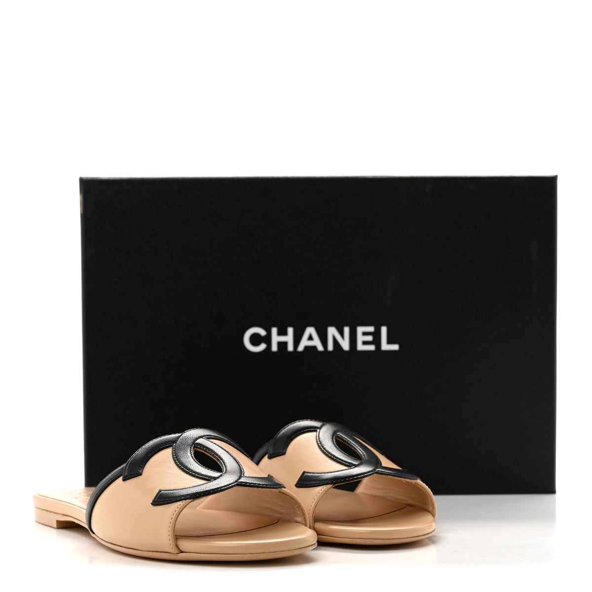 Lambskin CC Cutout Sandal Mules 37 Beige Black