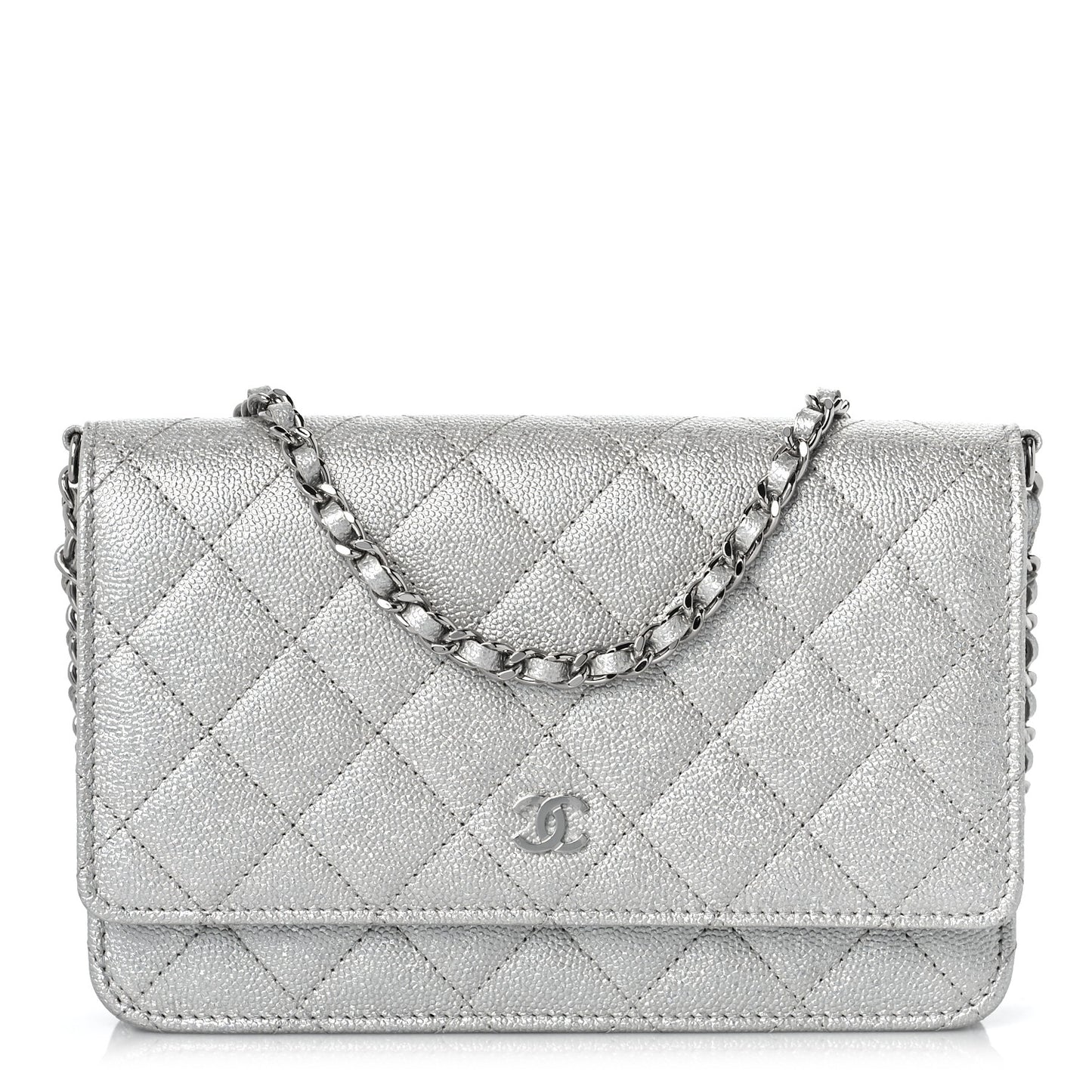 Metallic Caviar Quilted Wallet on Chain WOC Silver