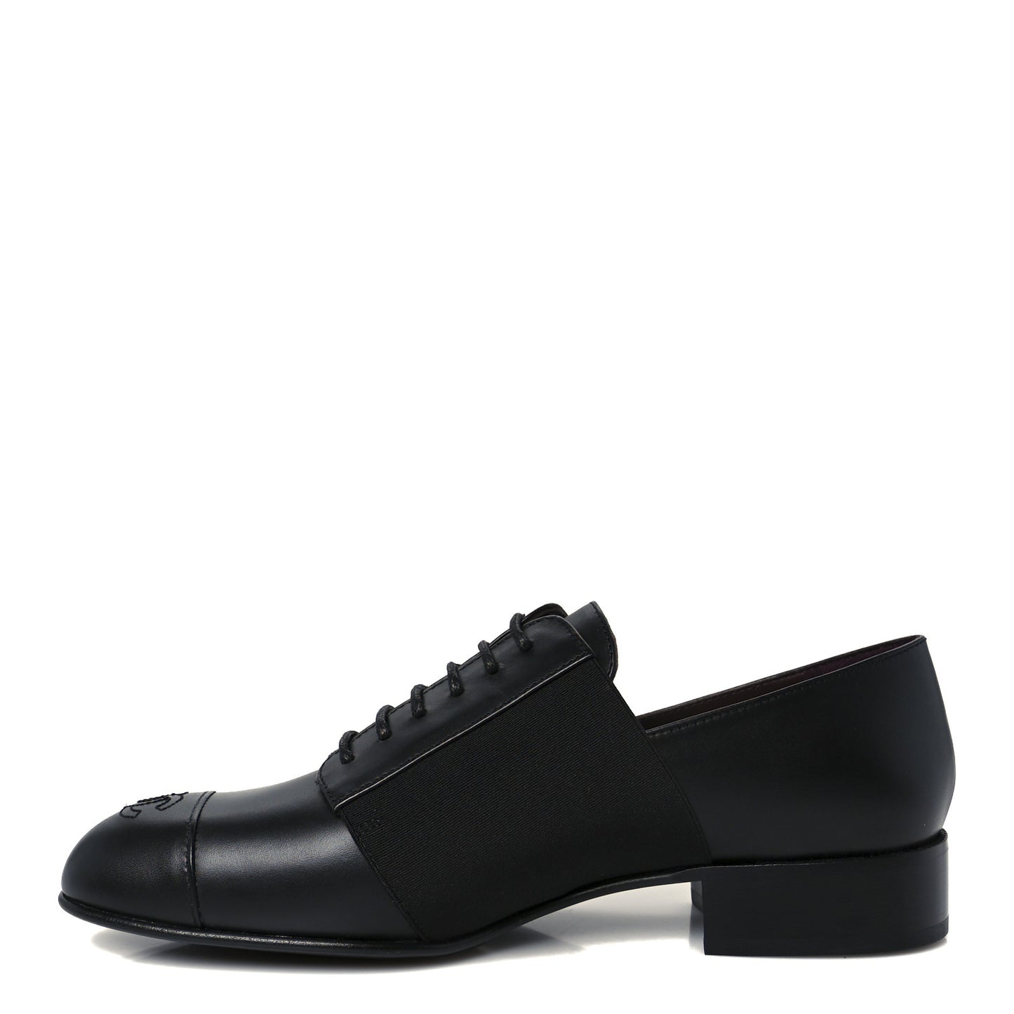 Calfskin Elastic Lace Up Cap Toe CC Loafers 38 Black