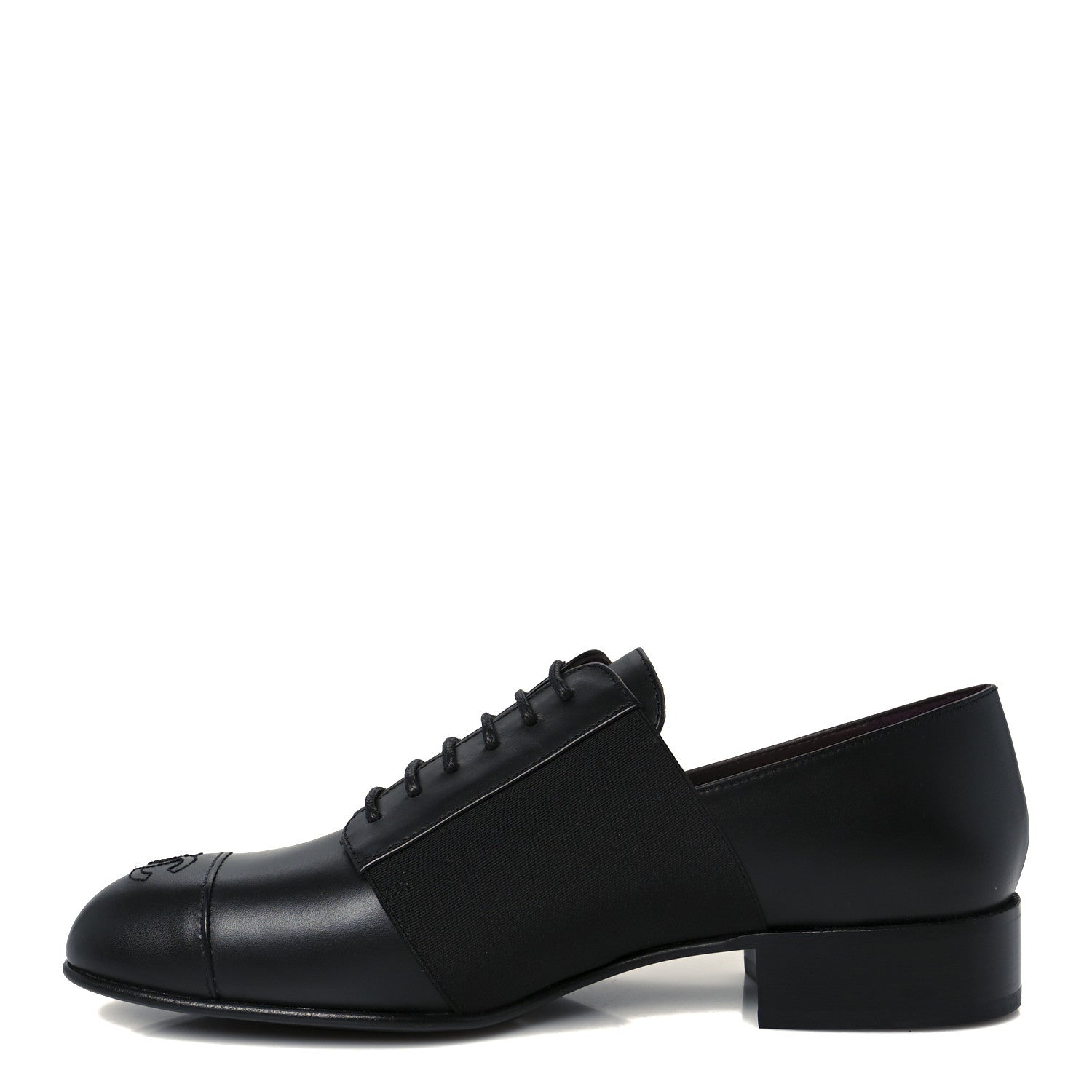 Chanel Calfskin Elastic Lace Up Cap Toe CC Loafers 38 Black 1 of 9