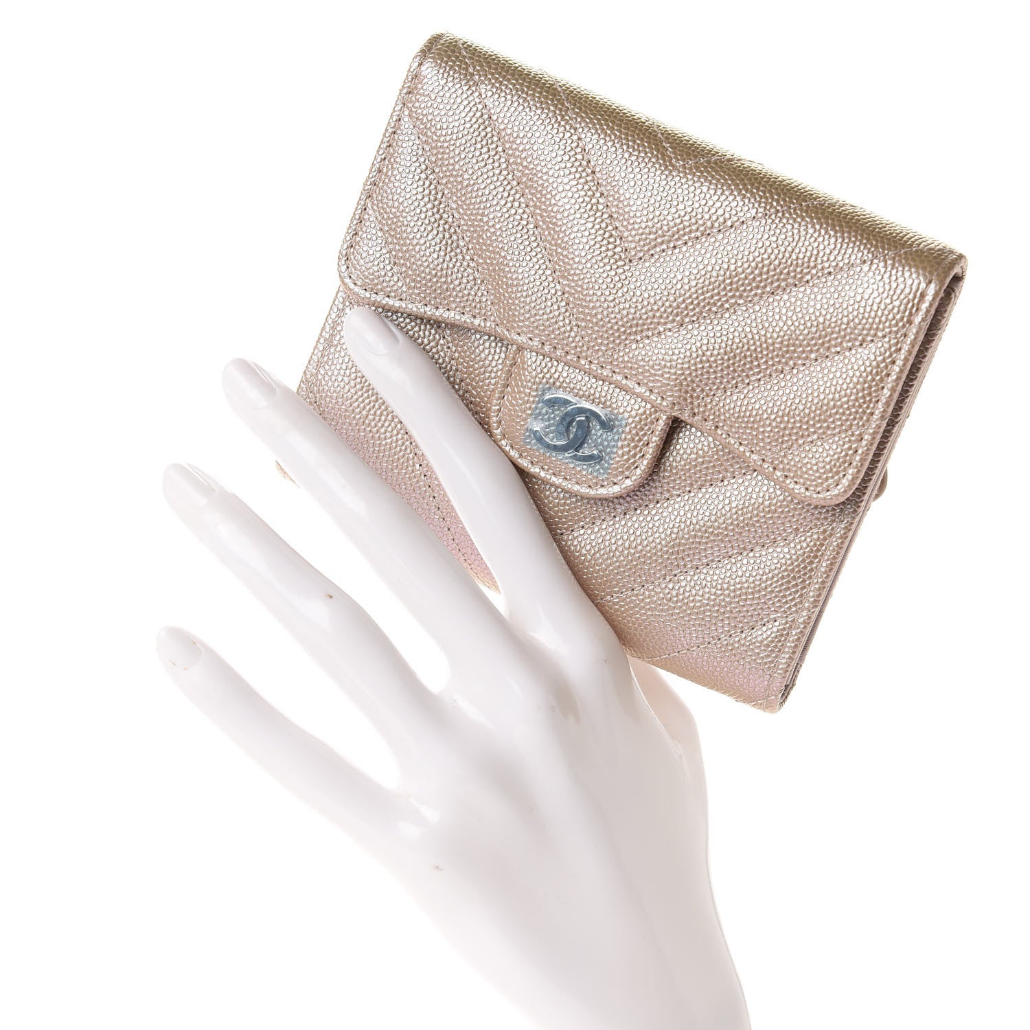 Chanel Metallic Caviar Chevron Quilted Compact Flap Wallet Light Gold 2 of 8