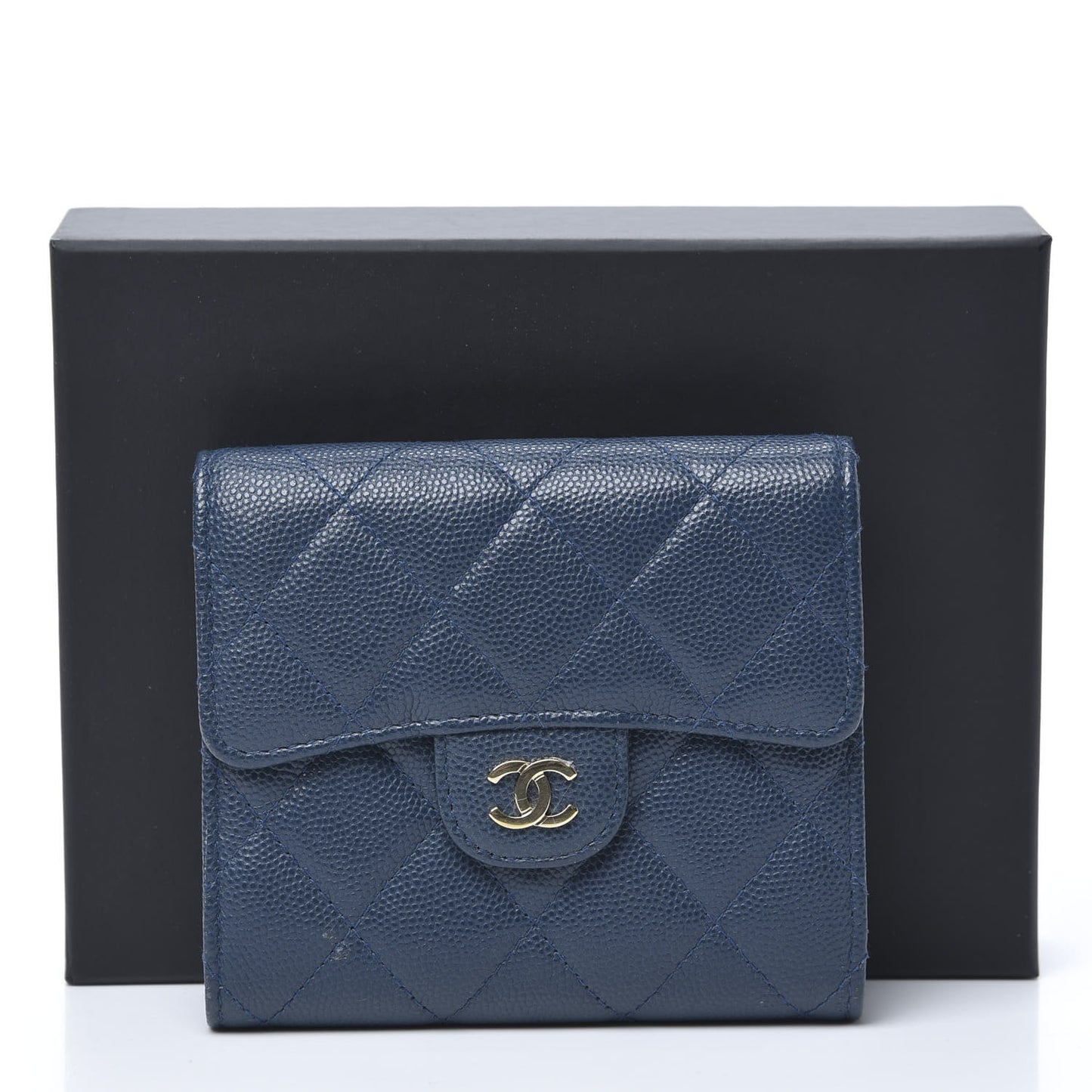 Caviar Quilted Compact Flap Wallet Navy