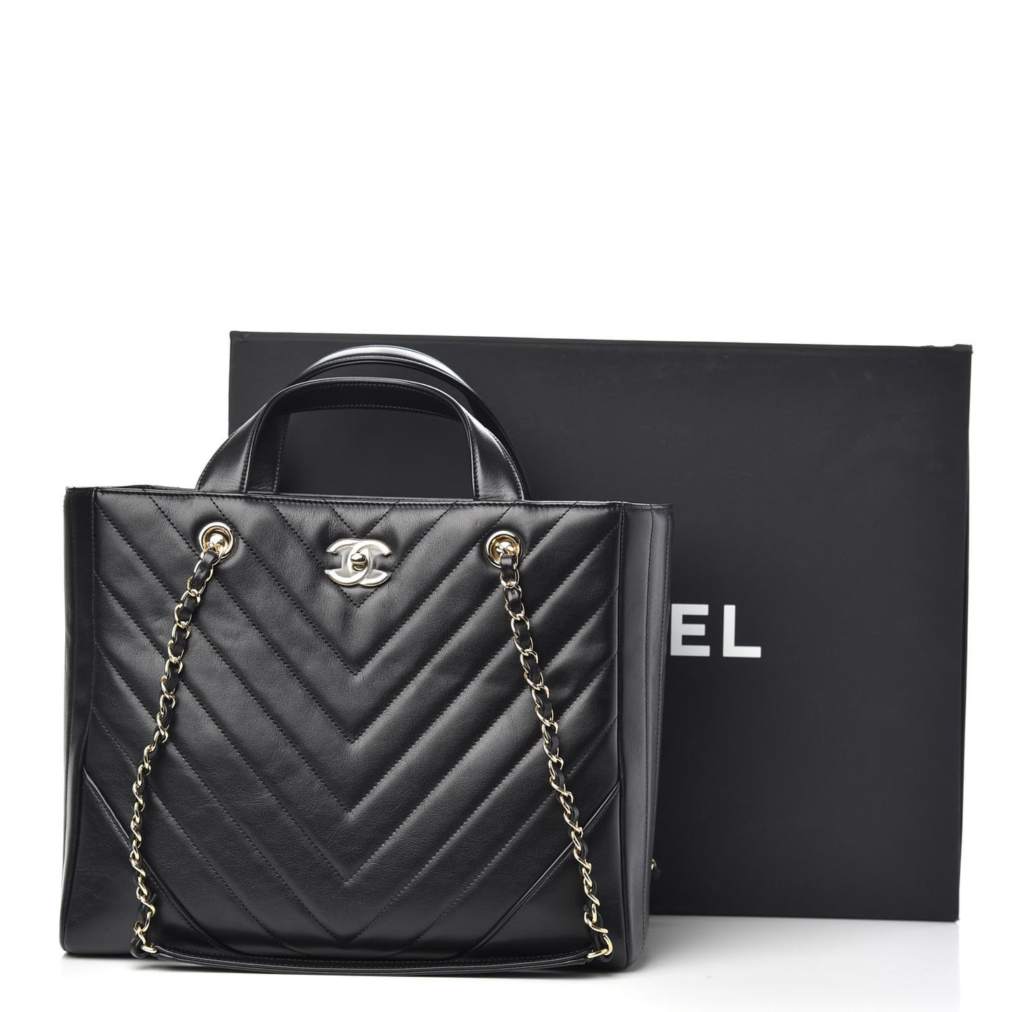Calfskin Chevron Quilted Large Shopping Tote Black