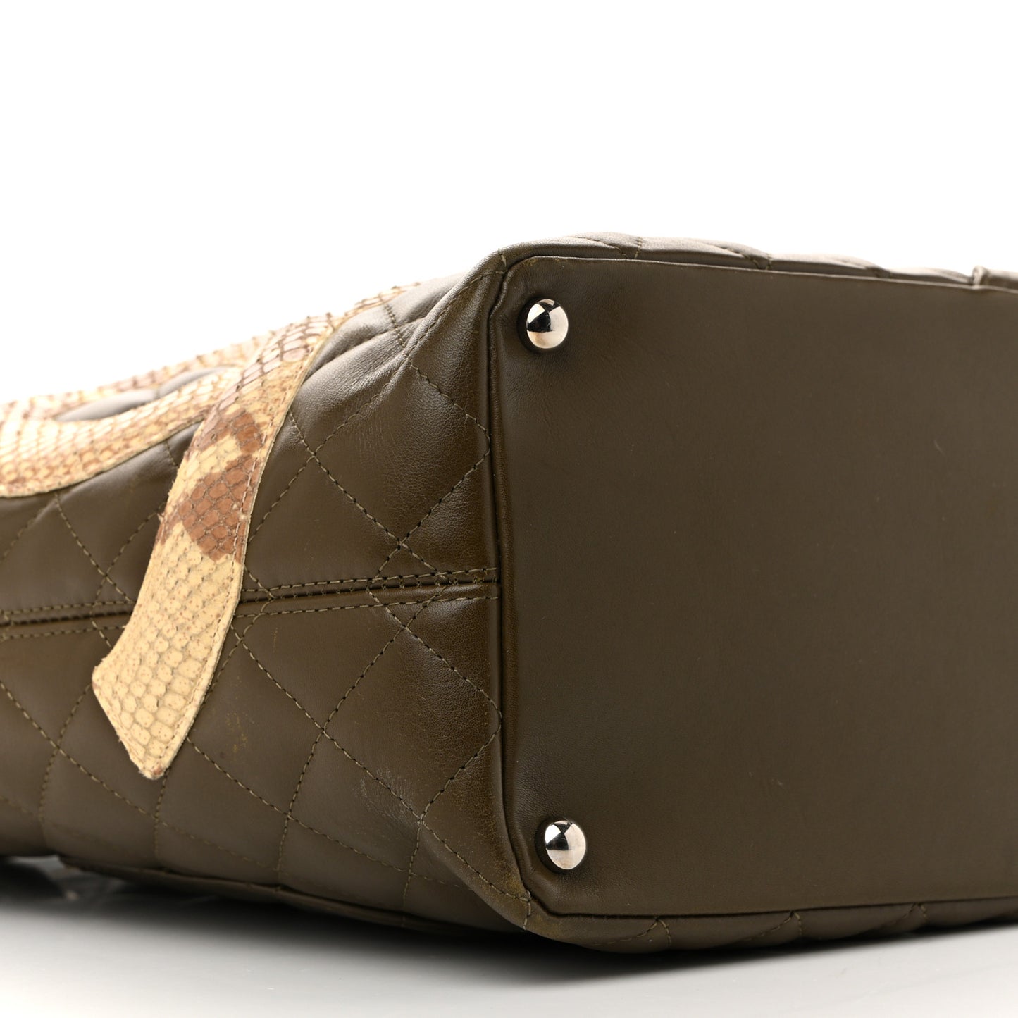 Calfskin Snakeskin Quilted Small Cambon Tote Khaki