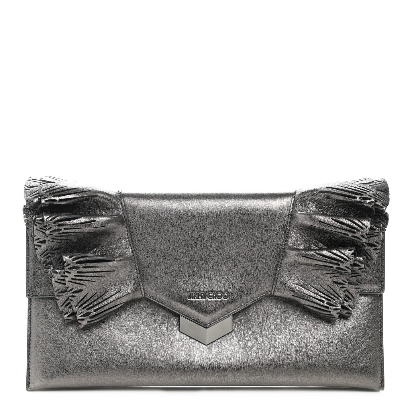 Metallic Calfskin Laser Cut Ruffled Isabella Clutch Gray