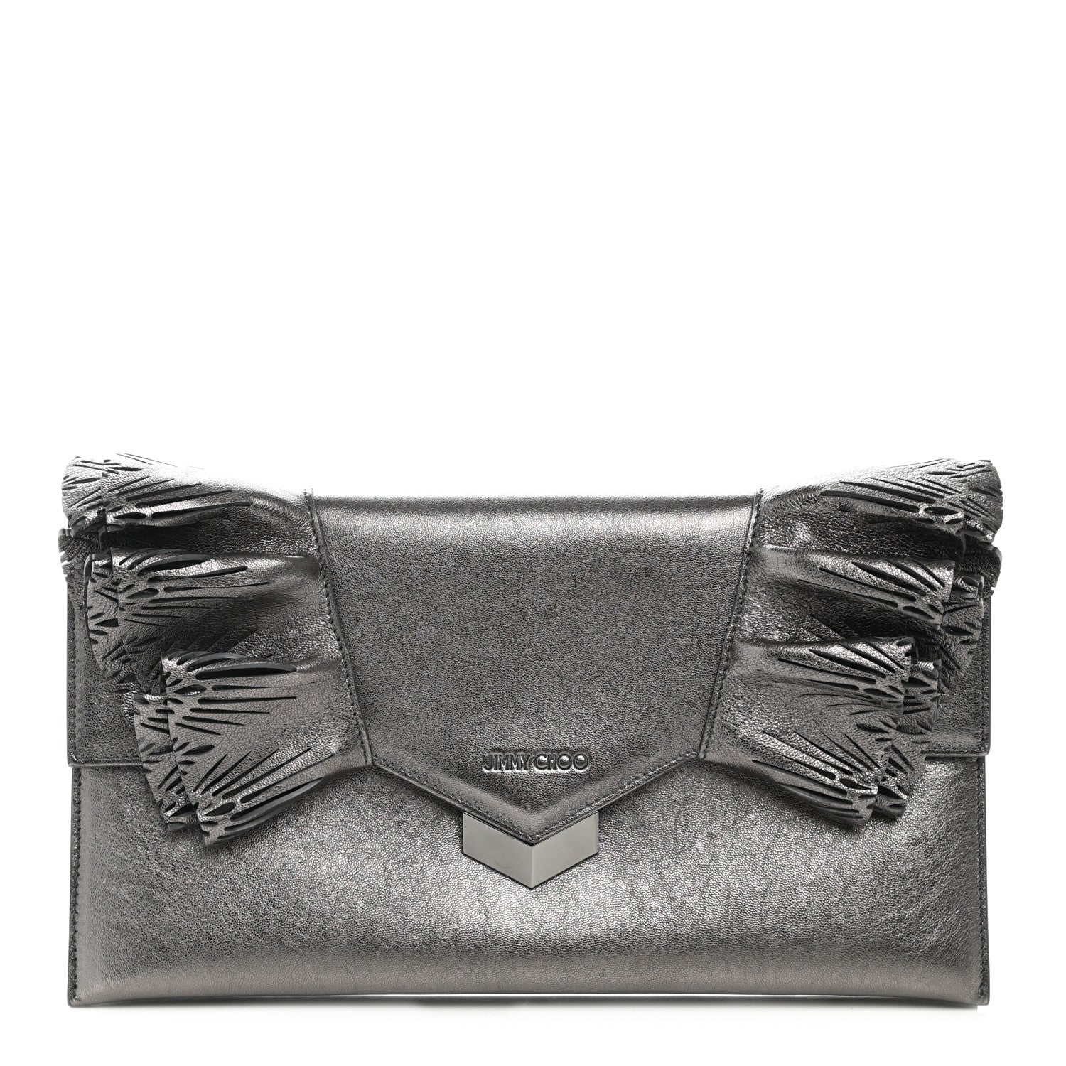 Jimmy Choo Metallic Calfskin Laser Cut Ruffled Isabella Clutch Gray 1 of 8