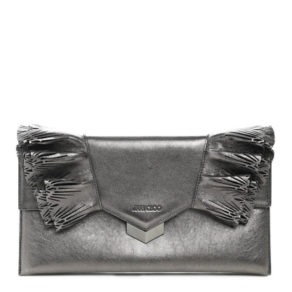 Jimmy Choo Metallic Calfskin Laser Cut Ruffled Isabella Clutch Gray 1 of 8