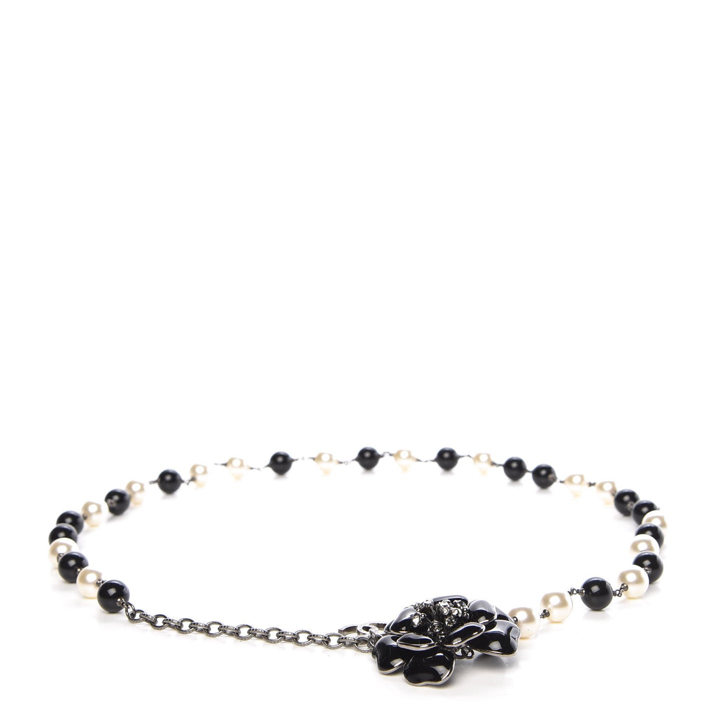 Pearl Crystal Enamel CC Camellia Belt Black Silver