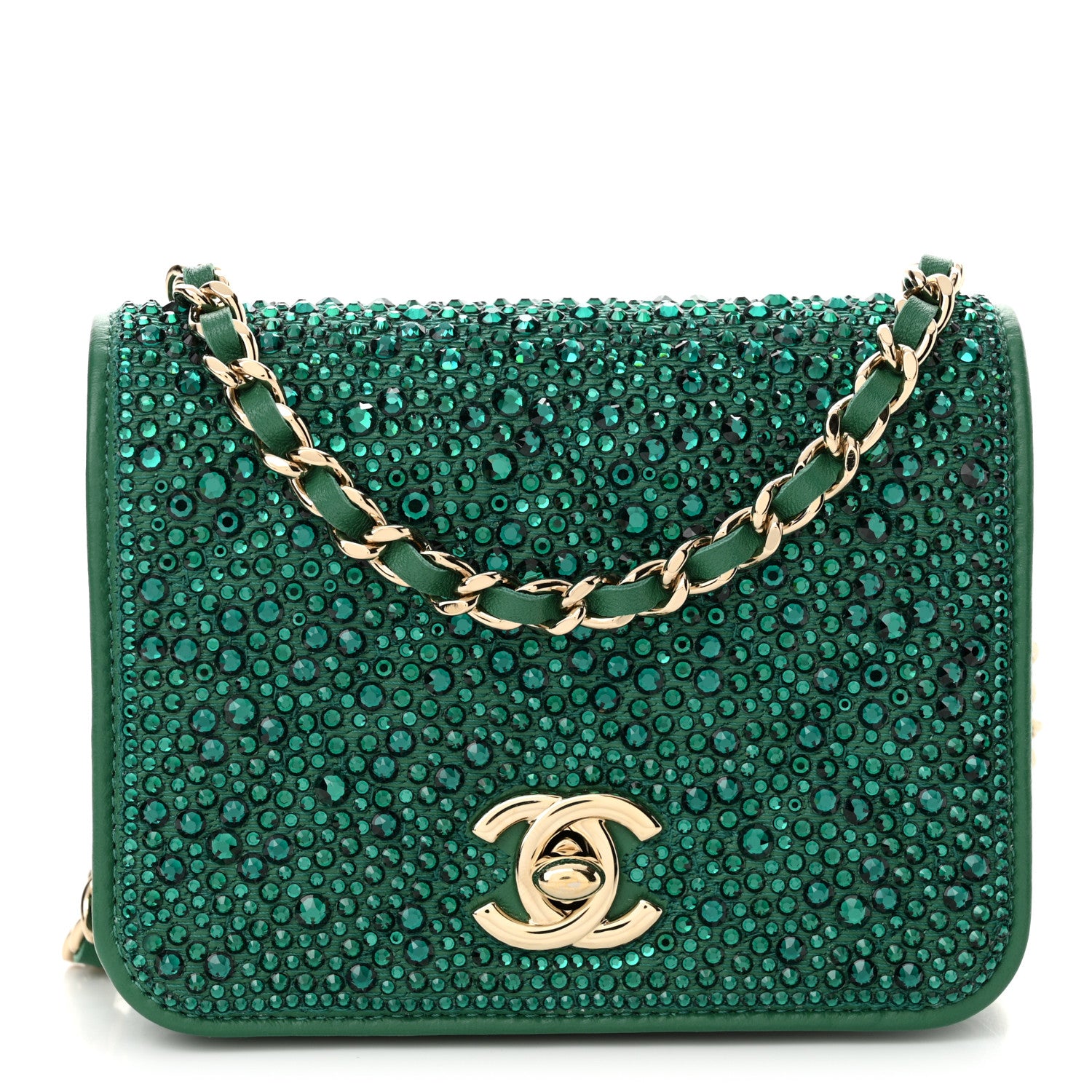 Chanel Lambskin Crystal Diamante Clutch With Chain Green 1 of 11