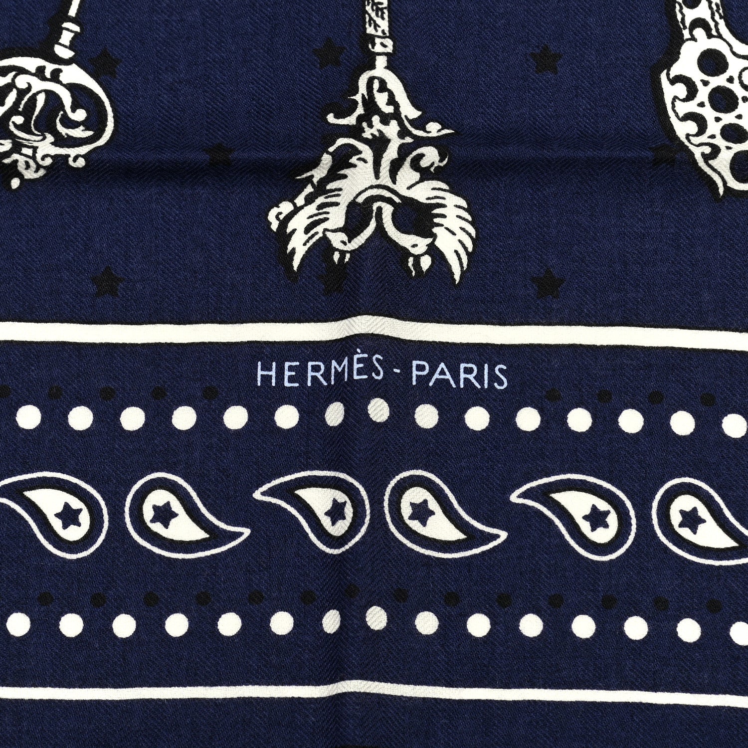 Hermes Cashmere Silk Les Cles Bandana Shawl 140 Marine Black White 2 of 6
